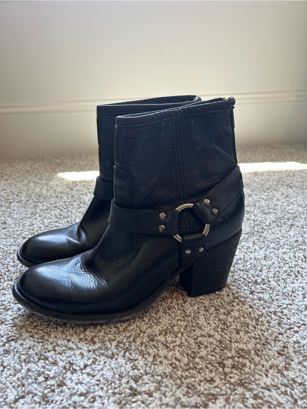 Frye Black Leather Ankle Harness Boots